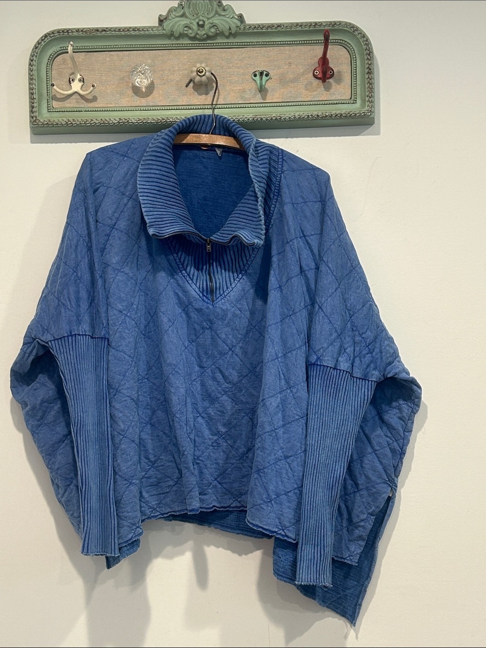 Free People Blue Quilted Mock Neck quarter zip ribbed Pullover oversized small
